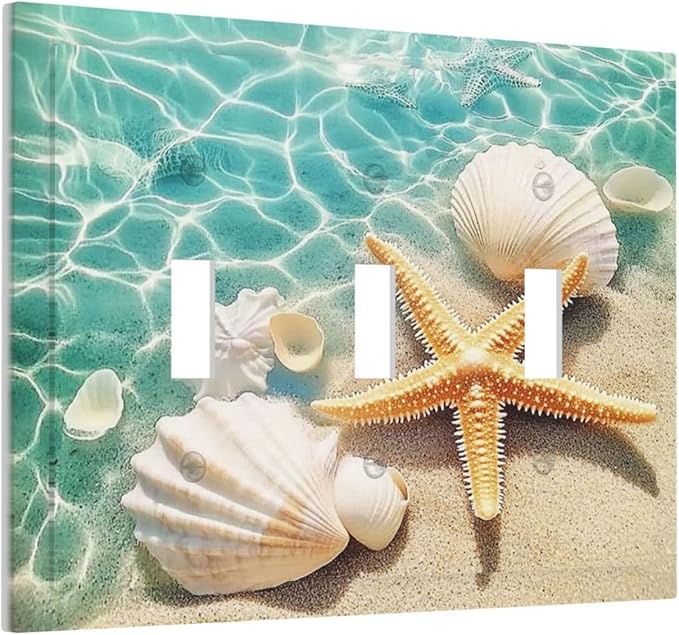 Decorative Switch Plates Sea Shells And Star Fish In Ocean Beach 3 Gang Wall Plate Triple Toggle Light Switch Cover Faceplate Electrical Wall Panels For Bathroom Home Decor