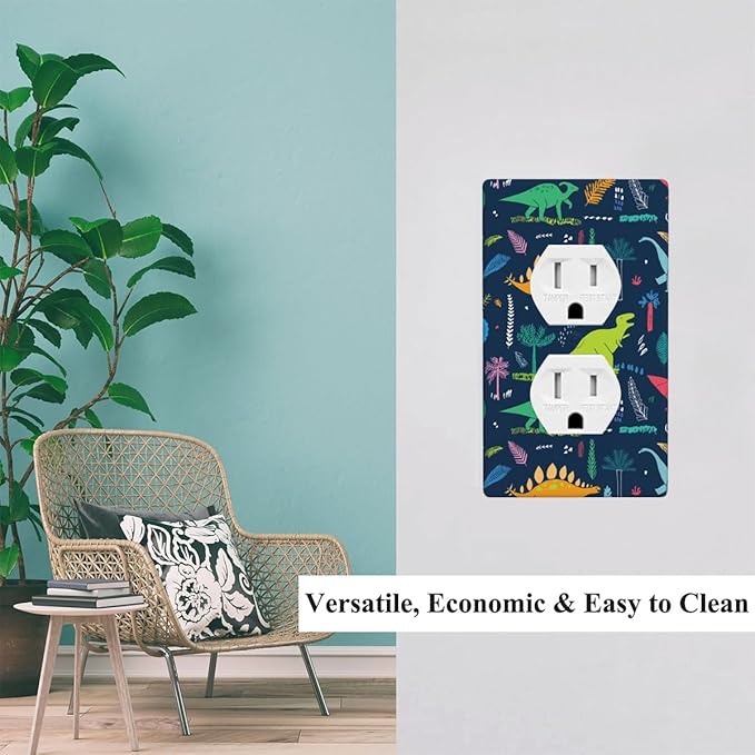 Dinosaur Wall Plate Colorful Dinosaurs Navy Blue Outlet Covers 1-Gang Standard Size Duplex Receptacle Plug Cover 4.5" x 2.76" for Little Men Cave Boys Room Decor