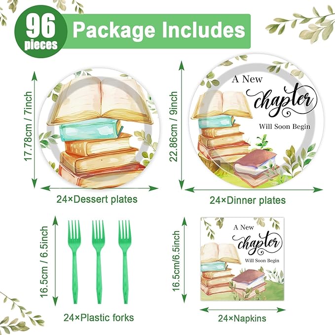 96Pcs Storybook Party Plates and Napkins for Book A New Chapter Will Soon Begin Themed Paper Dessert Plates School Library Reading Tableware Set for Baby Shower 24 Guests Birthday Party Decorations