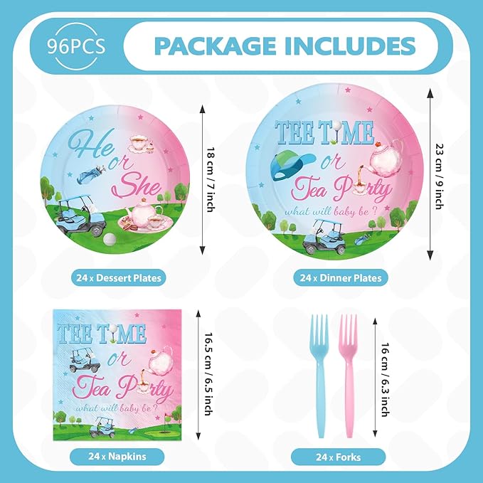 96 Pcs Golf Gender Reveal Decorations Blue Or Pink Golf Gender Reveal Plates and Napkins Tee Time He Or She Tableware Set for Boys Girls Baby Shower Birthday Party Supplies Serves 24