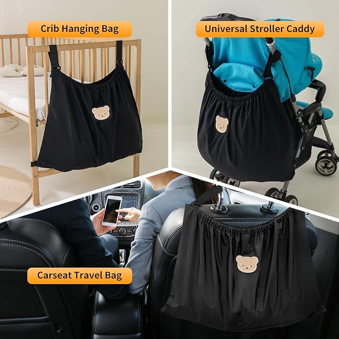 Universal Stroller Organizer, Nylon Stroller Storage Bag for Baby Essentials, Large Capacity Stroller Organizer Bag with Hook & Loop, Cargo Bag for Umbrella & Pet Stroller Accessories (Black Bear)