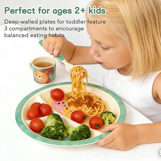 Kids Dinnerware Set, 5-Piece Mealtime Tableware for Children & Toddlers – Includes Divided Plate, Bowl, Cup, Fork & Spoon – Natural Bamboo Fiber, BPA-Free, Dishwasher Safe (Zebra)