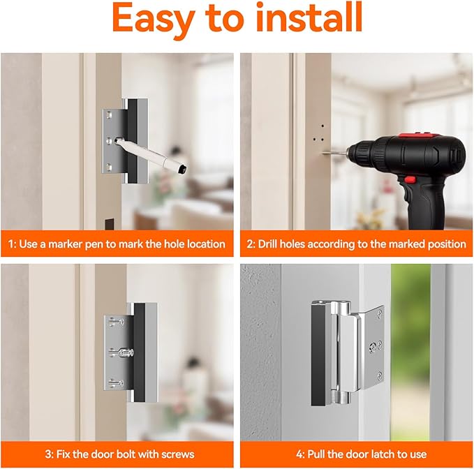 Tonitrui Home Security Door Reinforcement Lock for Front/Inward Swing Doors - Upgraded Reinforced 1200lbs Capacity, Night Kids Safety Metal Flip Deadbolt Latch (4Pack Silver)
