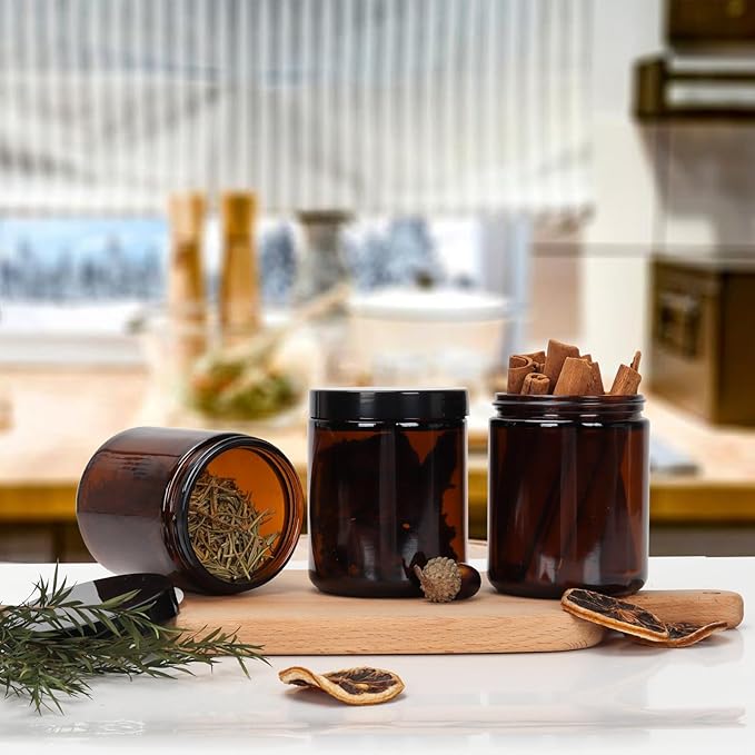8 oz Amber Glass Jars with Lids, 15 Pack Empty Glass Storage Containers for DIY Candle Making, Spice, Cream (Plastic Airtight Lids)