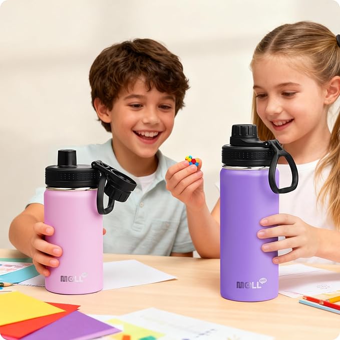 Kids Water Bottle for School 16 oz Stainless Steel Double Wall Vacuum Insulated Sports Water Bottle Leak Proof-Reusable Metal Flask with Silicone Boot for Travel, BPA-Free(Purple)
