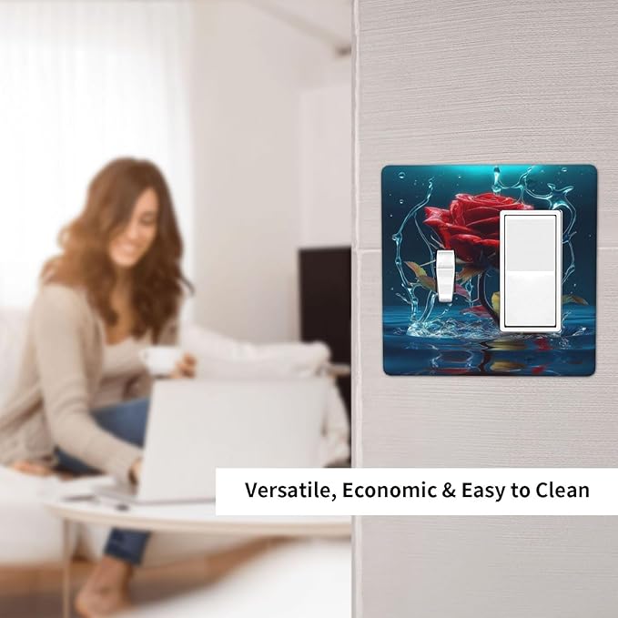 Red Rose Blue Water Drips 2 Gang Single Toggle Rocker Combination Light Switch Cover Decorative Wall Plate Cover Electrical Faceplate for Kidroom Bathroom Bedroom Kitchen Decorate