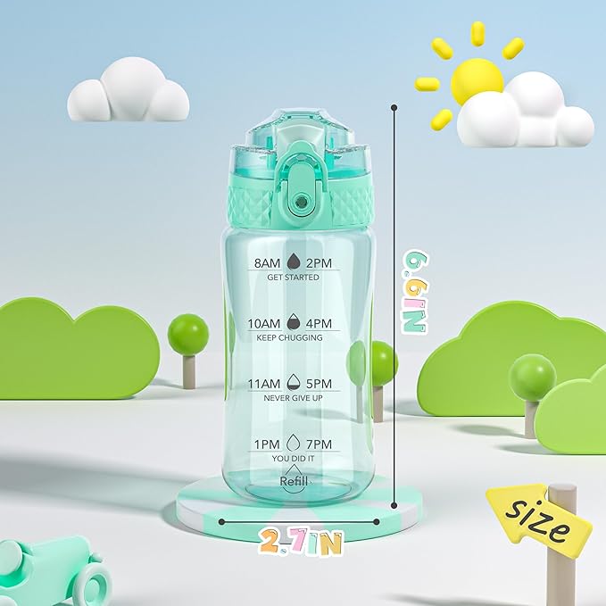 OLDLEY 12oz Kids Water Bottle for school Girls Boys, Motivational Water Bottles With Silicone Straw, Leak-Proof Tritan BPA-Free, Reusable water bottles for kids, Glow Green