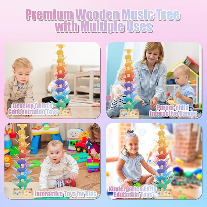Wooden Marble Run Music Tree Montessori Toys for Kids 3+ Years Old Marble Ball Run Learning Game Wood Color Sorting Toys for 4-8 Boys and Girls Birthday