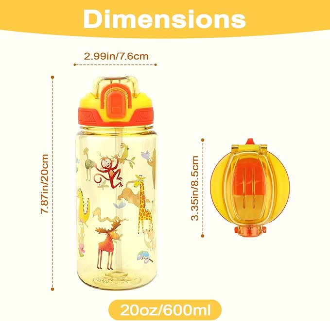 Kids Water Bottle for School or Travel, 20 Oz Durable Plastic Water Bottle with Silicone Straw and Pop-Up Spout Cover, BPA Free & Dishwasher Safe(Forest Animals)