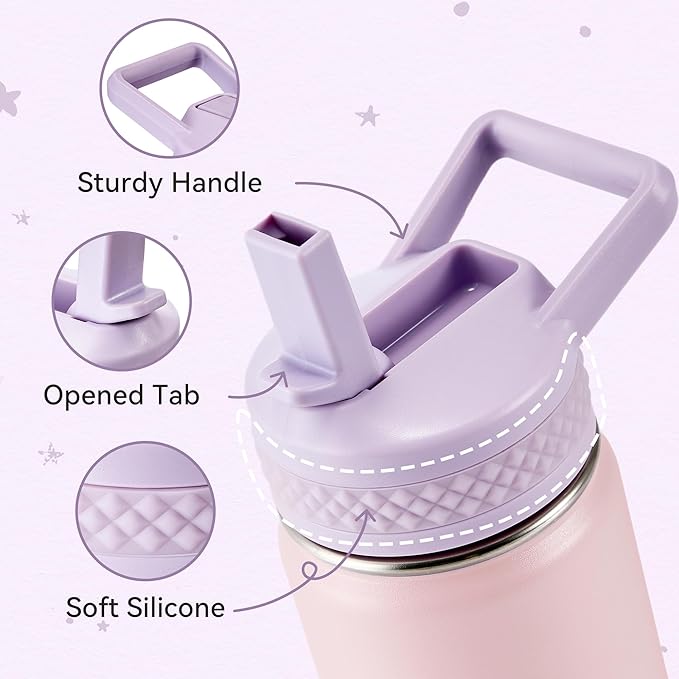 Fijinhom 12 oz Kids Water Bottle, Toddler Water Bottle with Straw, Boys&Girls Bottle for School, 304 Stainless Steel Vacuum Insulated Bottle for Kids, BPA-Free, Leak-Proof, Purple Pink