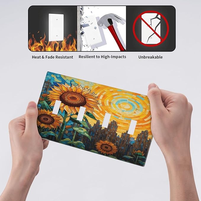 Abstract Sunflower Graffiti Floral Paint Art Flower Light Switch Covers Quad Toggle 4 Gang Wall Plate Decorative Switch Plates Electrical Faceplate for Bedroom Living Room Decor