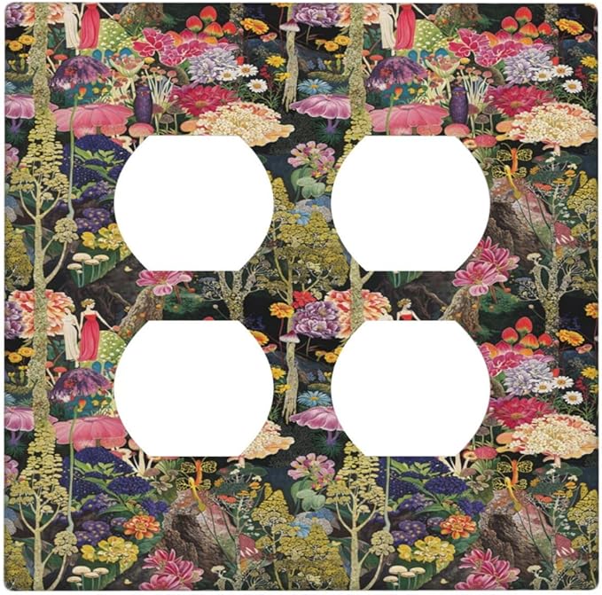 Dreamy Tropical Rainforest Colorful Mushroom Wildflower Outlet Covers 2 Gang Double Duplex Decorative Light Switch Covers Electrical Wallplates Socket Faceplate for Farmhouse Kids Room Decor