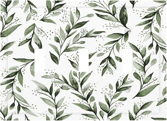 Green Leaf Olive Leaf Sage Floral Decorative Switch Plates 3 Gang Wall Plate Triple Toggle Light Switch Cover Faceplate Electrical Wall Panels for Bedroom Living Room Decor
