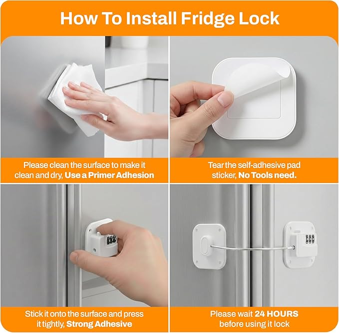 Fridge Lock,2 PCS Refrigerator Lock for Freezer,Cabinets and Drawers,Air Fryer,Doors,Combination Code,Heavy Duty with Adhesive Backing,Easy Install,No Keys Needed White