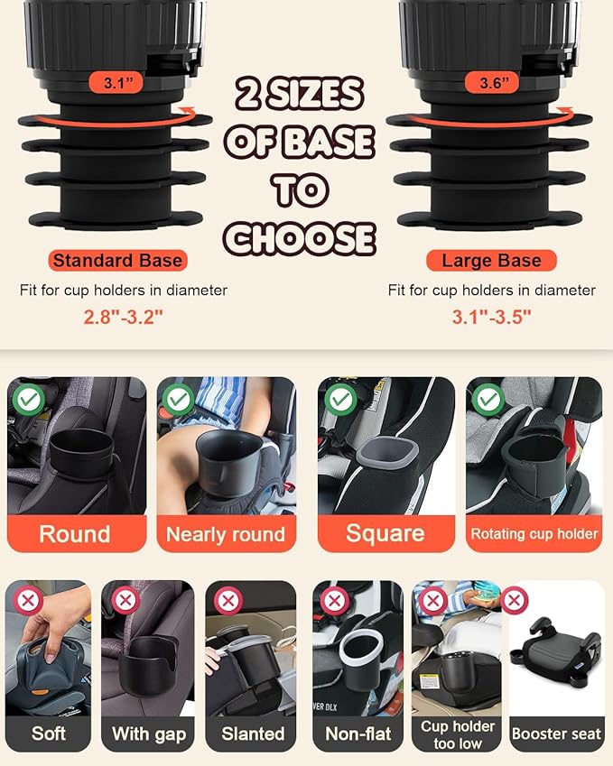 SEVEN SPARTA Car Seat Tray for Kids Toddler Travel with Soft Rubber Base, Rotatable and Removable Cup Holder Snack Tray for Food Color and Play for Family Road Trip Essentials (2, Standard Base)
