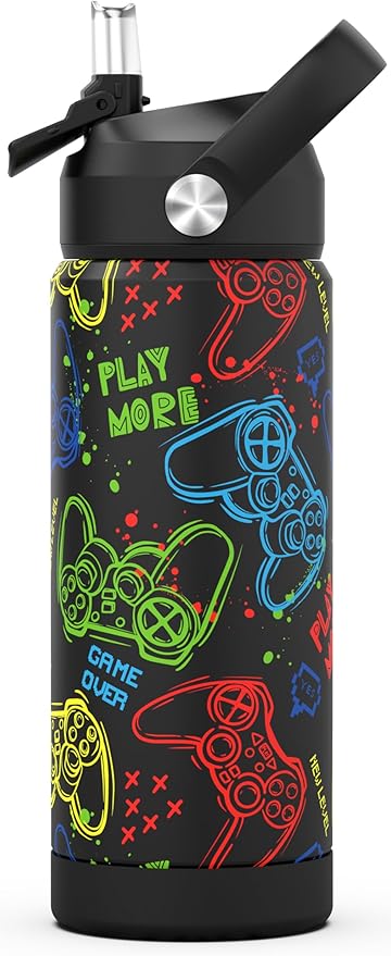 Boys Water Bottle with Straw,18 oz Kids Insulated Cups with Stainless Steel Leak Proof for School,Sport&Travel（Game）