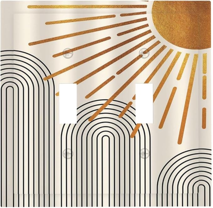 Mid Century Beige Boho Abstract Sun Vintage Arch Double Toggle Light Switch Covers Decorative 2 Gang Wall Plate Electrical Faceplate Switchplate for Country Bathroom Bedroom Living Room Decor