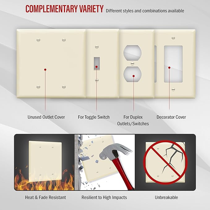ENERLITES Double Blank Device Wall Plate, Gloss Finish, Mid-Size 2-Gang 4.88" x 4.92", Unbreakable Polycarbonate Thermoplastic, UL Listed, 8802M-LA, Light Almond
