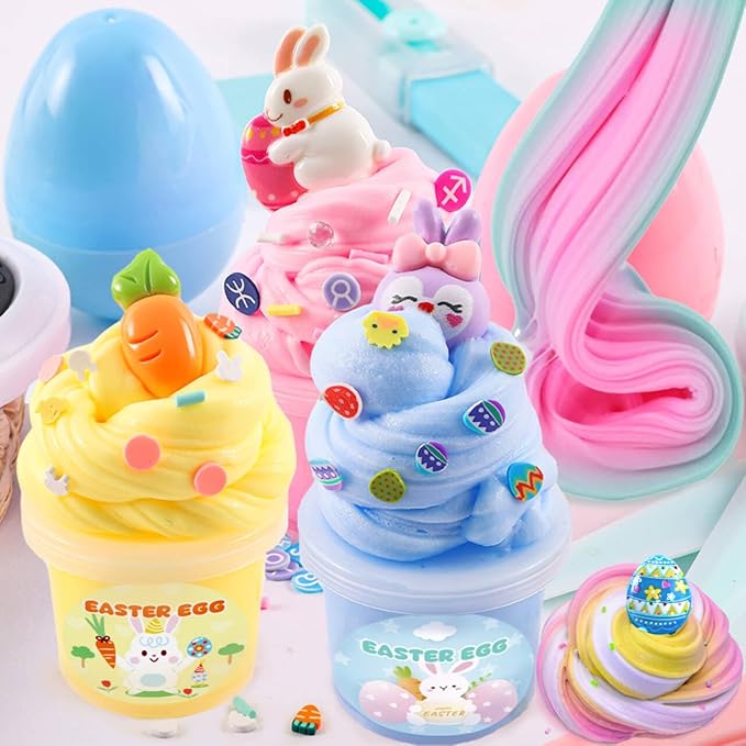 8Pack Butter Slime kit for Kids,Easter Basket Stuffers Party Favors Stretchy and Non-Sticky, Sensory Play Kit and Easter Basket Fillers Slime and Charms - Prefilled Eggs