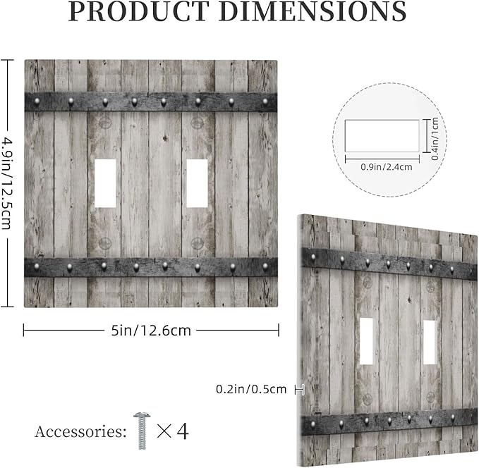 Farmhouse Grey Wood Barn Door Double Toggle Light Switch Cover Decorative 2 Gang Electrical Switchplate Faceplate Rustic Country Gray Wall Plates for Kitchen Bedroom Bathroom Dector (Plastic）