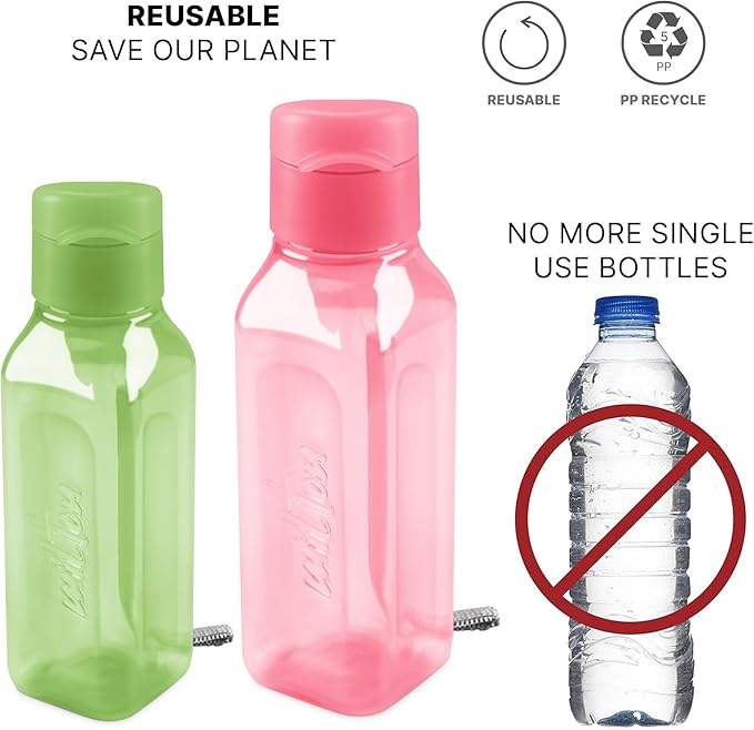 MILTON Bulk Water Bottles Set of 4 – 10 and 17oz Multicolor Bottles for Kids and Adults – Leak Proof with Carry Strap – Square Reusable Bottles for Juice, Drinks BPA-Free Dishwasher-Safe