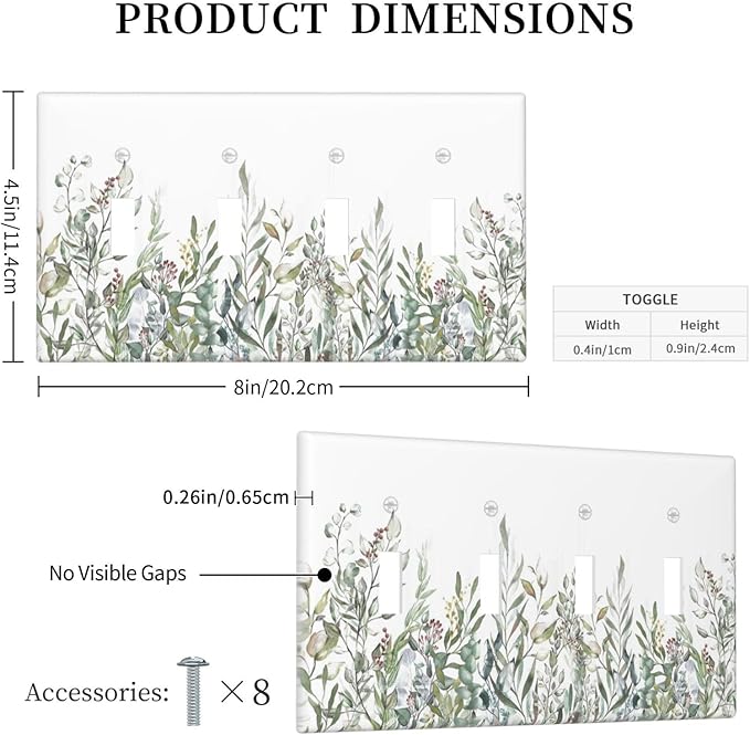 Wildflower Garden Rustic Green Leaf Floral Light Switch Covers Quad Toggle Electrical Faceplate 4 Gang Wall Plate Decorative Switch Plates for Bed Room Living Room Decor