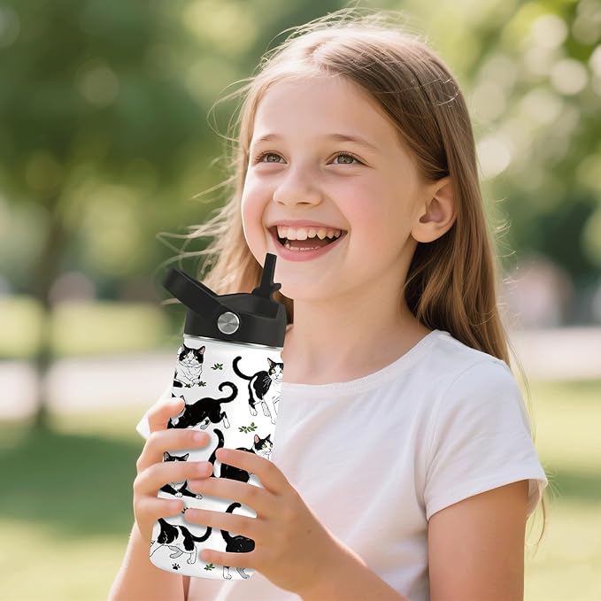 Cat Gifts for Kids - 16oz Black Cat Water Bottle with Straw Lid, Stainless Steel Insulated Bottle, Leak Proof, BPA-Free, for Boys, Girls, School - Black and White Cat Gifts Cats Lovers Gift Cup(1pc)