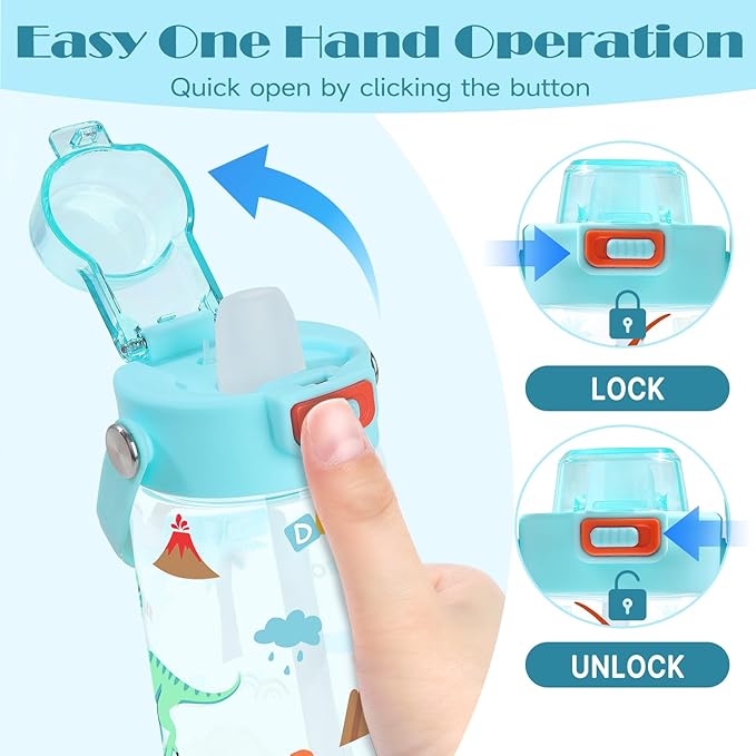 Queenshin Kids Dinosaur Water Bottle 20oz BPA Free Tritan Boys Girls School Outdoor Sports Leak Proof Water Cup with Straw Lid Handle Pop-Up Spout Cover