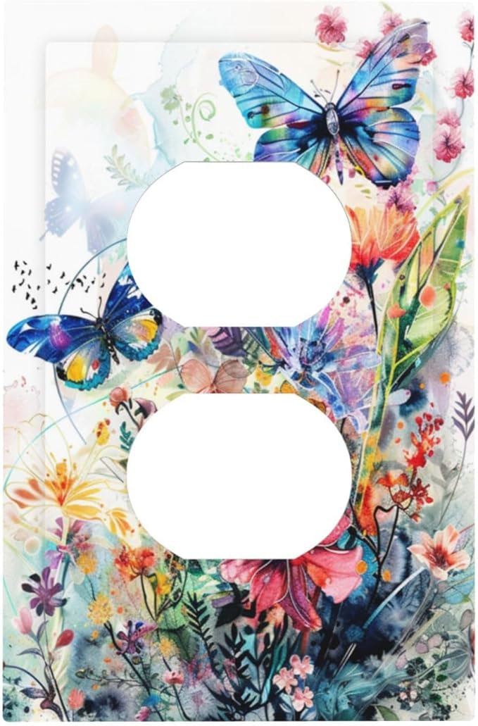 Decorative Outlet Covers Watercolor Colorful Floral Butterflies Wildflowers 1 Gang Duplex Light Switch Cover Plate Electrical Switch plates Wall Plates Receptacle Covers for Bathroom Bedroom