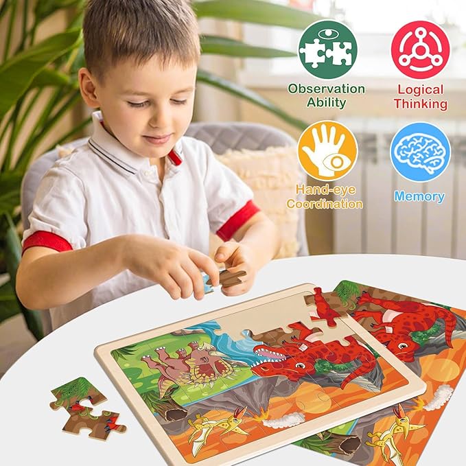 Puzzles for Kids Ages 4-6, Dinosaur Wooden Puzzles, 4 Packs 24 Pieces Puzzles for Kids Ages 3-5, Preschool Educational Toys Gifts for Boys and Girls
