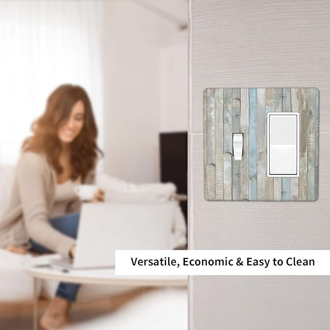 Country Rustic Teal Blue White Wood Plank Grain 2 Gang 1-Toggle 1-Rocker/Gfci Combination Light Switch Cover Kitchen Barn Wooden Decorative Combo Device Single Decorator/Toggle Outlet Wall Plate Cover