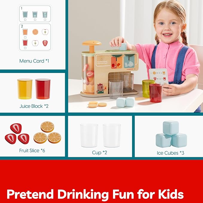 TOP BRIGHT Wooden Drink Dispenser Pretend Play Toys, Play Food Sets for Kids Kitchen with Cups, Juice Inserts, Ice Cubes, Montessori Toys for Boys Girls Capybara Gift Age 3+