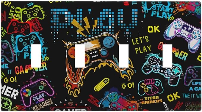 Gamer Video Game Themed Cool Controller Print Light Switch Covers Quad Toggle Electrical Faceplate 4 Gang Wall Plate Decorative Switch Plates Cover for Kids Room Office Decor