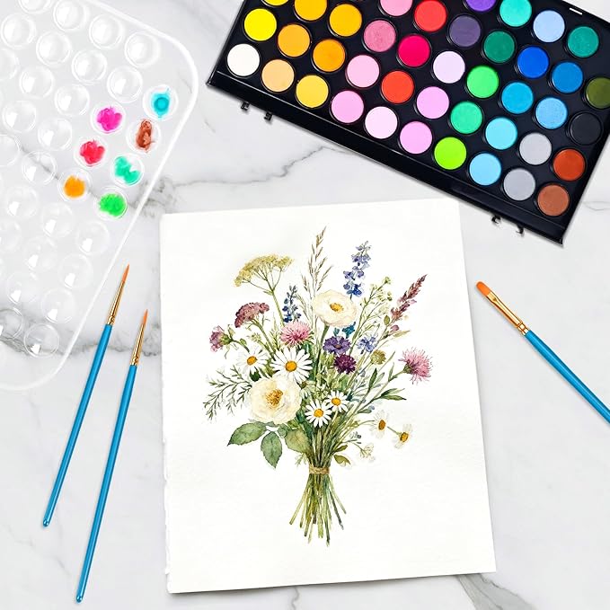 48 Color Solid Watercolor Paint Set with 3 Wooden Brushes - Non-Toxic, Vibrant & Washable Watercolor Kit for Artists, Children, Beginners, Kids - Portable Watercolor Painting Set for Travel & Studio