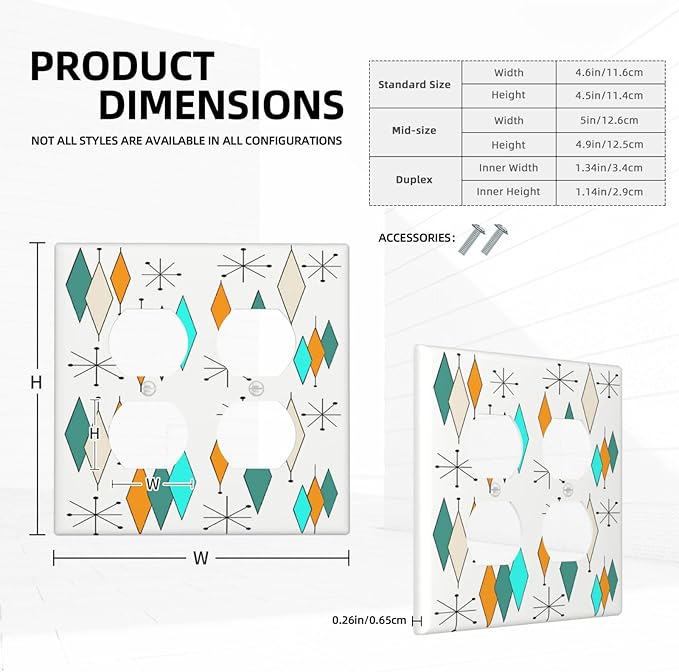 Mid Century Geometric Plaid 2-Gang Device Duplex Wall Plate, Aqua/Blue/Orange Modern Retro Abstract Atomic Art Decorative Two Gang Double Duplex Receptacle Socket Outlet and Light Switch Cover Plate