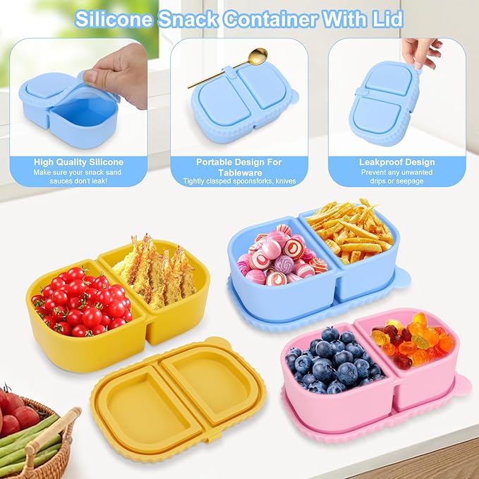 3 Pack Reusable Silicone Snack Containers with Lids, Mini Containers 2 Compartments, Portable Silicone Food Storage Box for Picnic, School lunch, adults Offic, party