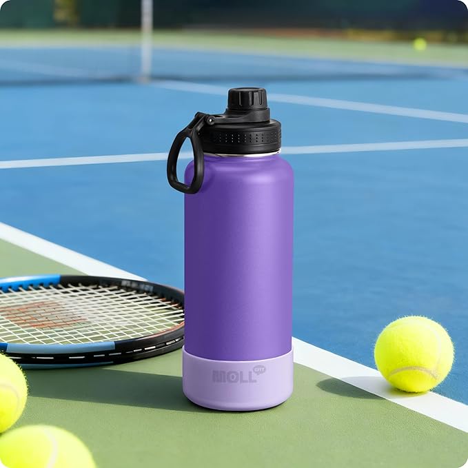 Insulated Water Bottle-32 oz Stainless Steel Vacuum Wide Mouth Sports Flask with Silicone Boot-Reusable Metal Leak Proof Travel Water Bottle for Girls Boys, BPA-Free(Purple)