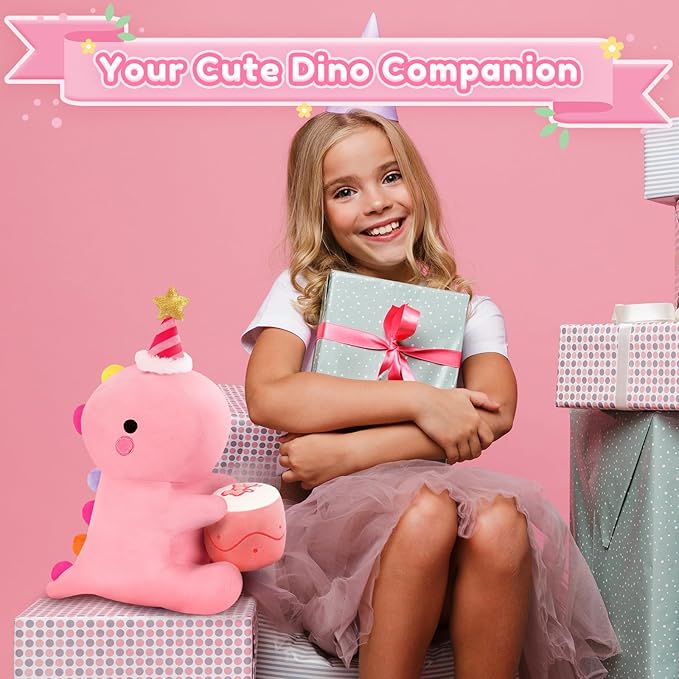 SQEQE Dinosaur Stuffed Animal, Cute Dinosaur Plush Toys with Cake, Dino Plushies Anniversary Birthday Gift for Her Girls Boys Boyfriend Girlfriend(Pink,12 inch)