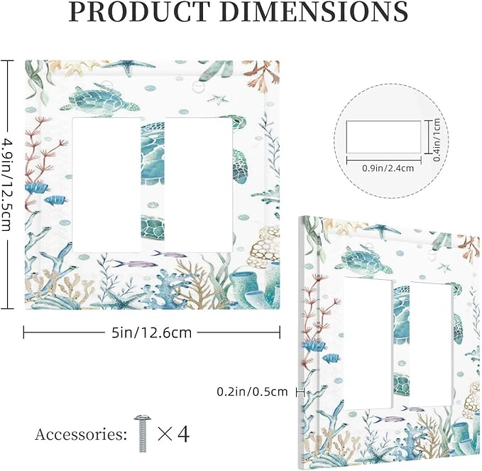 Sea Turtle Ocean Starfish Fish Coral Pearl Decorative Outlet Covers 2 Gang Double GFCI Rocker Electrical Wall Panels Light Switch Cover Plate for Bathroom Kids Room Decor