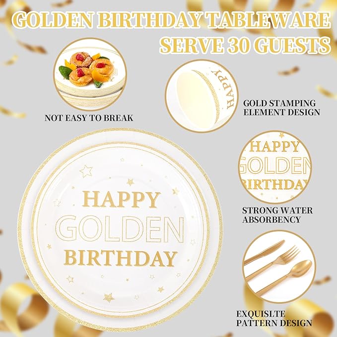 210pcs Golden Birthday Party Supplies,Gold Birthday Paper Plates Napkins Gold Glitter Dessert Party Tableware Set for Women Men Anniversary Wedding Party Decoration,Serve 30