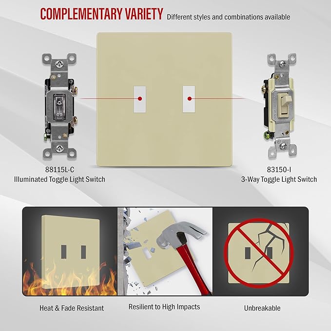 ENERLITES Screwless Double Toggle Switch Wall Plate, Child Safe Dual Light Switch Cover, Standard Size 2-Gang 4.68" x 4.73", Unbreakable Polycarbonate Thermoplastic, UL Listed, SI8812-I, Glossy, Ivory