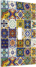 Colorful Mexican Moroccan Boho Tiles Single Toggle Outlet Light Switch Cover Kitchen Yellow/Blue Mosaic Ceramic Talavera Bohemia Tile Decorative One Device 1-Gang Electrical Switch Face Wallplate