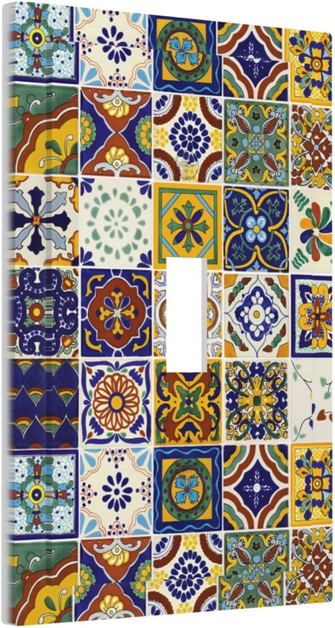 Colorful Mexican Moroccan Boho Tiles Single Toggle Outlet Light Switch Cover Kitchen Yellow/Blue Mosaic Ceramic Talavera Bohemia Tile Decorative One Device 1-Gang Electrical Switch Face Wallplate