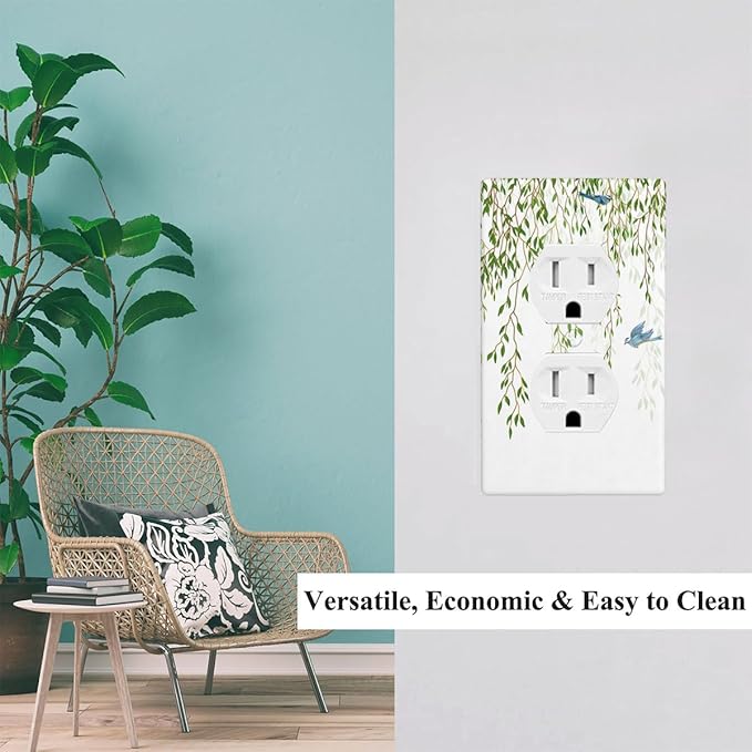 Green Eucalyptus Leaves Outlet Cover, Spring Summer Hummingbird 1-Gang Duplex Receptacle Wall Plate for Fresh Nature Home Bedroom Decor