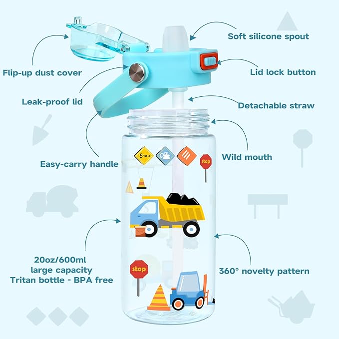 Queenshin Kids Excavator Construction Water Bottle 20oz BPA Free Tritan Boys School Outdoor Sports Leak Proof Water Cup with Straw Lid Handle Pop-Up Spout Cover