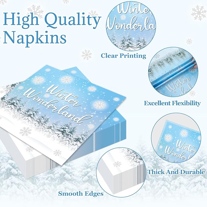 96Pcs Winter Snowflake Plates and Napkins for Winter Wonderland Party Supplies Snowflake Dessert Disposable Plates Holiday Christmas Party Tableware Set for 24 Guests Birthday Party Decorations