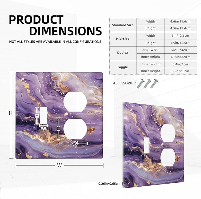 Luxury Marble Texture Purple And Gold Abstract Print Wallplates 1 Toggle 1 Duplex Switch Plate Electrical GFCI Faceplate Decorative Light Switch Covers for Bathroom Home Decor