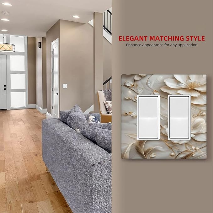 Decorative Art Light Switch Covers Elegant White and Gold Florals 2 Gang Dual Rocker Outlet Switch plate Faceplate GFCI for Home Decor