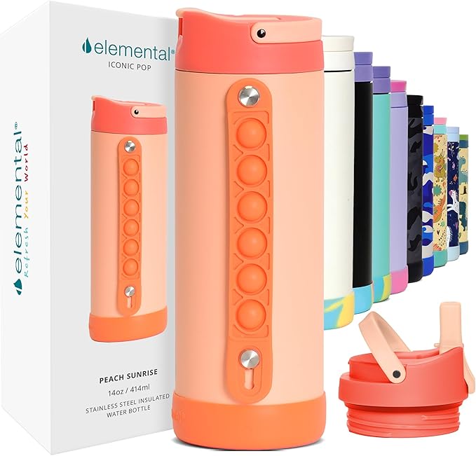 Elemental Iconic Kids Water Bottle for School - 100% Leak-Proof Insulated Water Bottles with Straw Lid & Pop-It Handle for Boys & Girls - Triple-Wall Insulated & BPA-Free, 14oz – Peach Sunrise