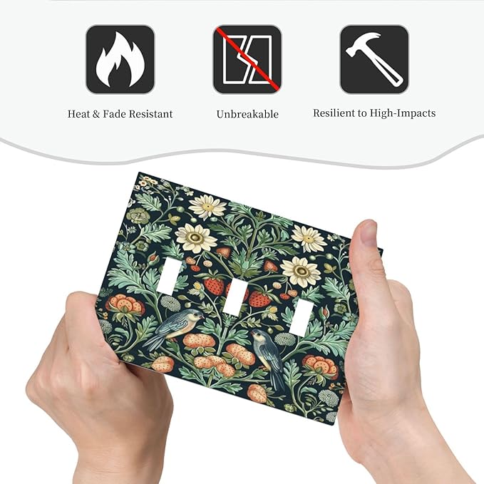 Light Switch Cover Plate Strawberry Birds Flowers Plant Morris Floral 3 Gang Triple Toggle Decorative Switch Plates Wall Plates Electrical Switchplate Faceplate for Bathroom Bedroom Decor